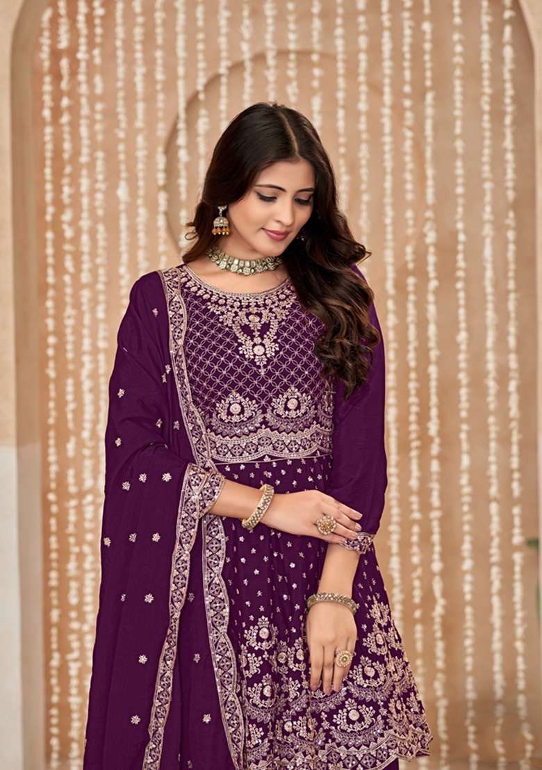 Purple Embroidered Silk Pakistani Suit Set - Indya
