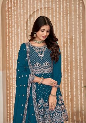 Teal Embroidered Pure Silk Kurta Set