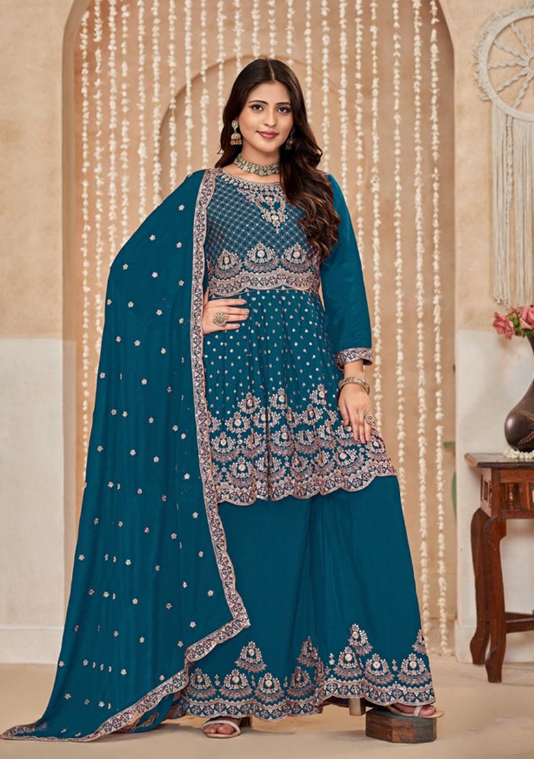 Teal Embroidered Pure Silk Kurta Set