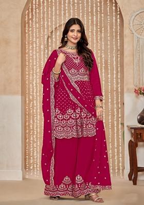 Rani Pink Embroidered Pure Silk Kurta Set
