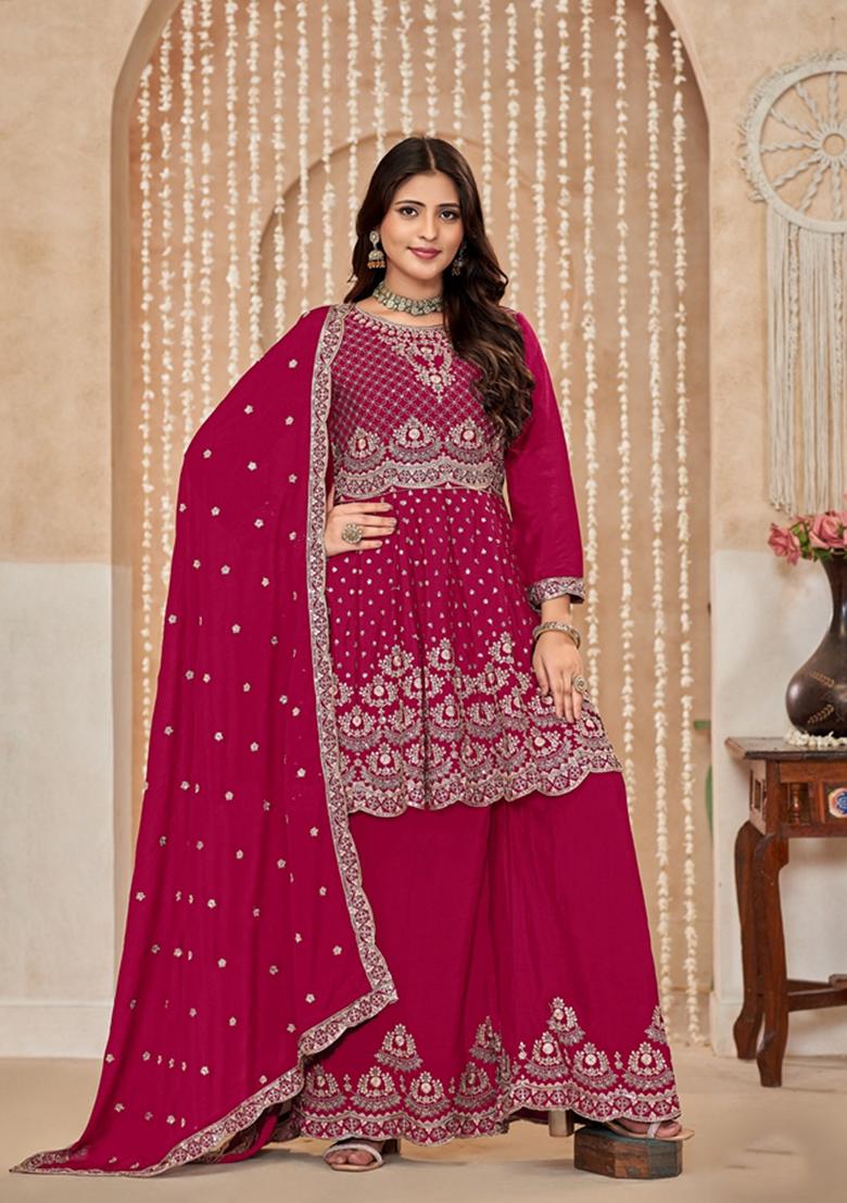 Rani Pink Embroidered Pure Silk Kurta Set