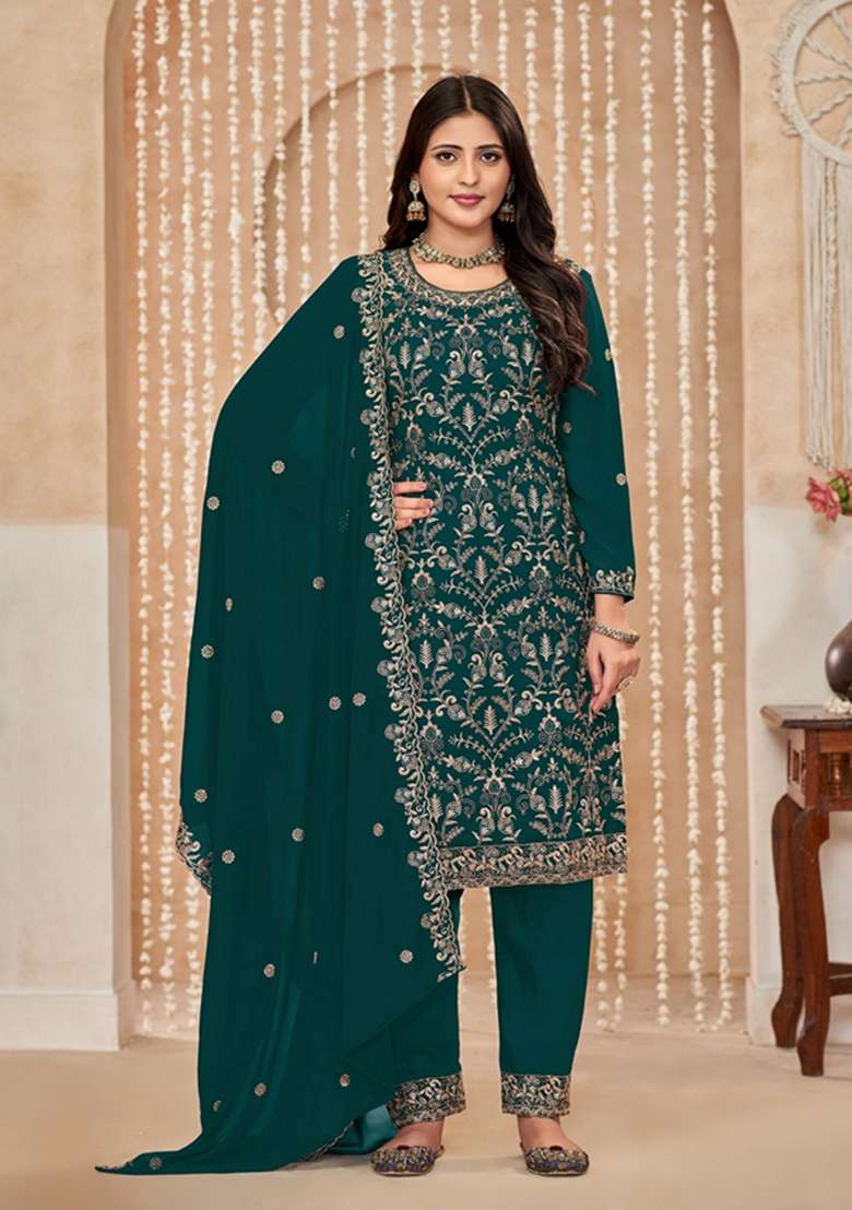 Green Embroidered Faux Georgette Kurta Set - Indya