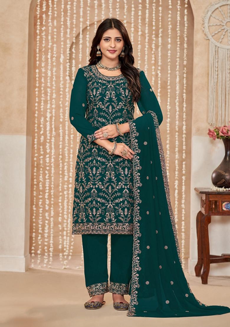 Green Embroidered Faux Georgette Kurta Set