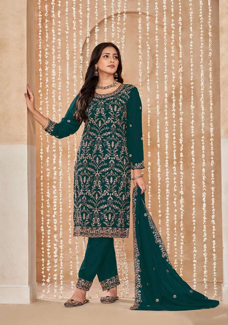 Green Embroidered Faux Georgette Kurta Set - Indya