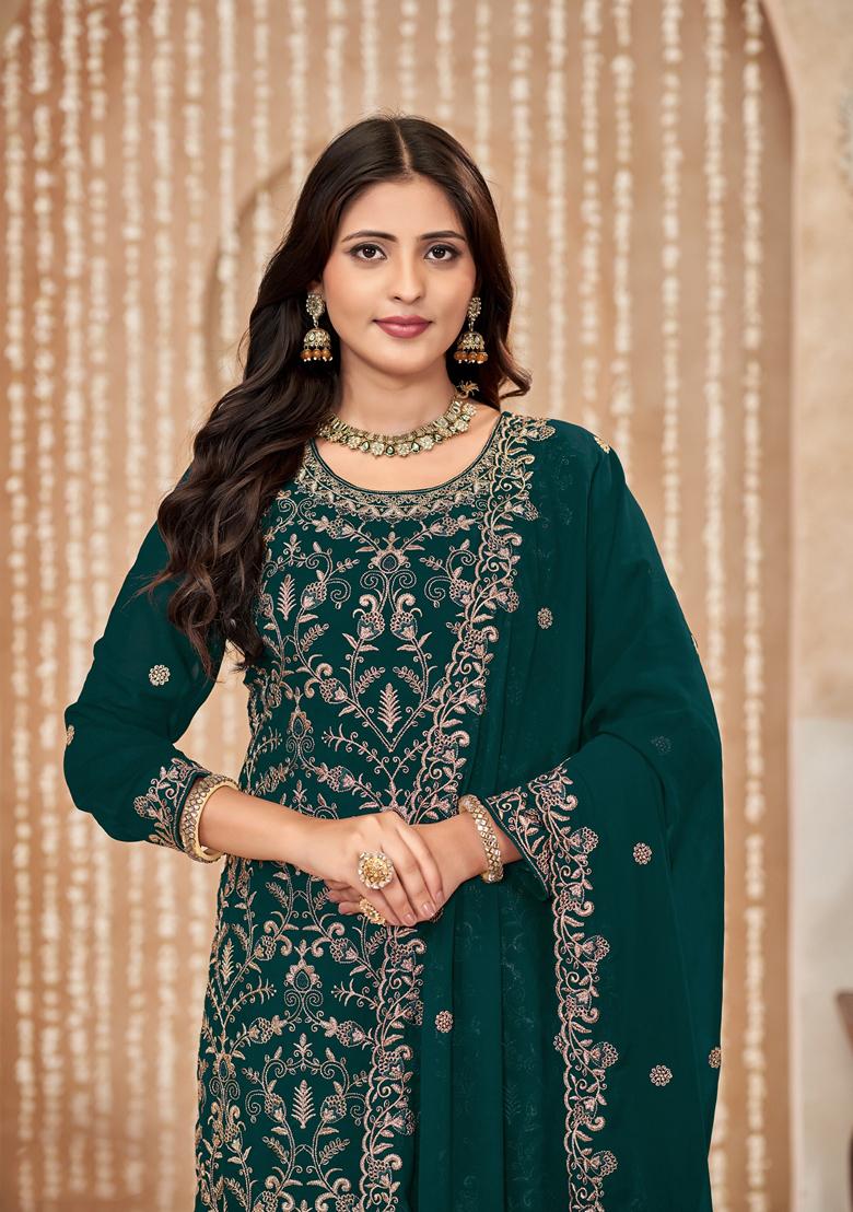 Green Embroidered Faux Georgette Kurta Set