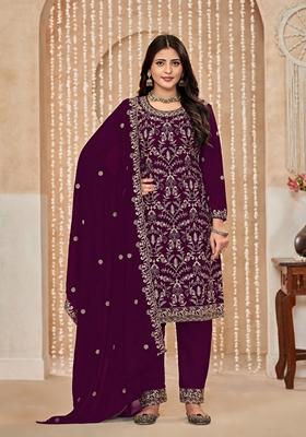Wine Embroidered Faux Georgette Kurta Set