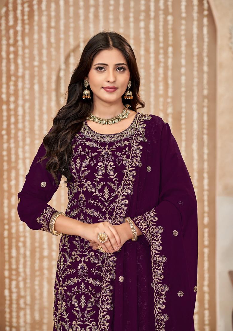 Wine Embroidered Faux Georgette Kurta Set