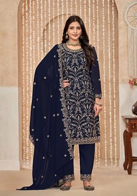 Navy Blue Embroidered Faux Georgette Kurta Set
