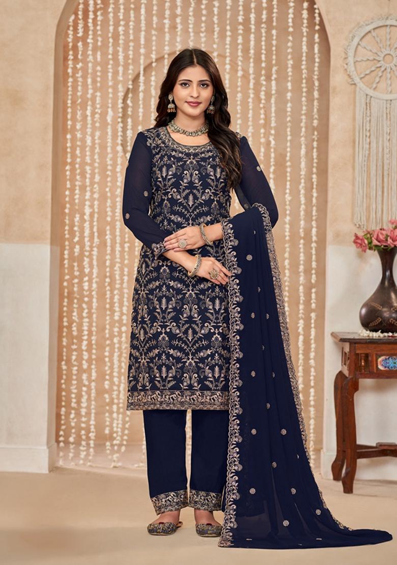 Navy Blue Embroidered Faux Georgette Kurta Set