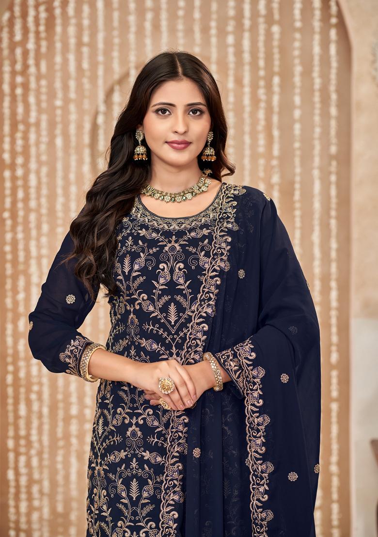 Navy Blue Embroidered Faux Georgette Kurta Set