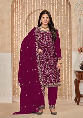 Purple Embroidered Faux Georgette Kurta Set