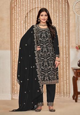 Black Embroidered Faux Georgette Kurta Set