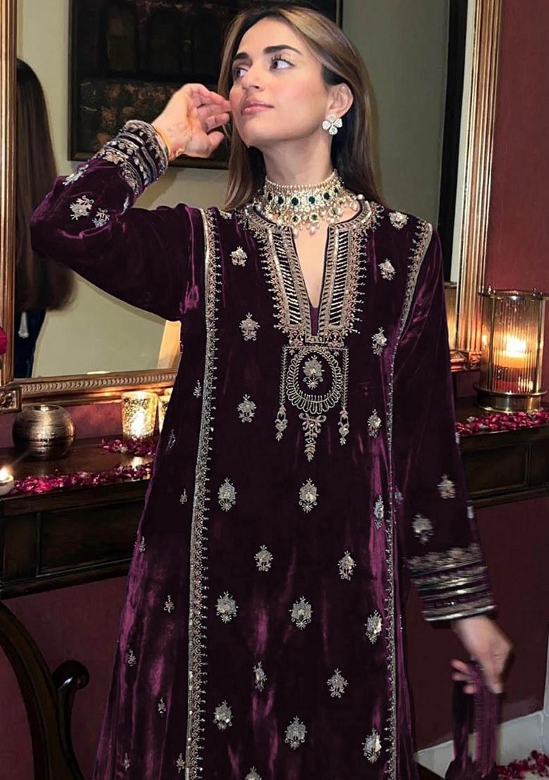 Purple Embroidered Velvet Kurta Set