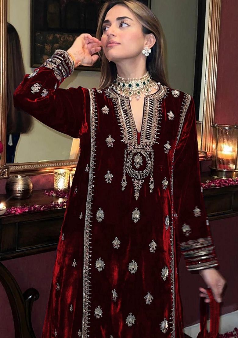 Maroon Embroidered Velvet Kurta Set