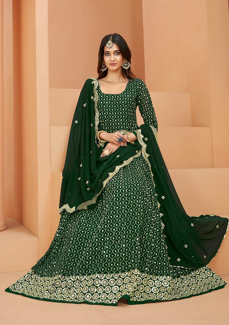 Green Embroidered Faux Georgette Anarkali Kurta Set
