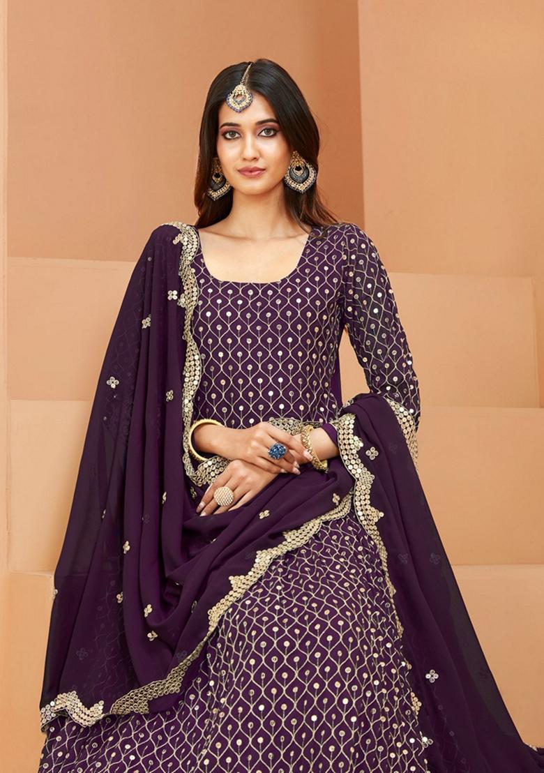 Purple Embroidered Faux Georgette Anarkali Kurta Set
