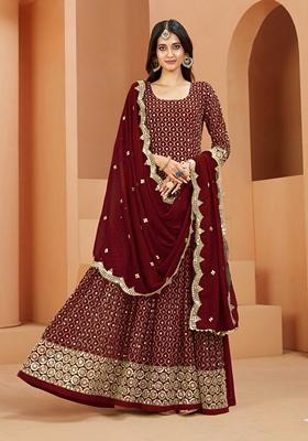 Maroon Embroidered Faux Georgette Anarkali Kurta Set