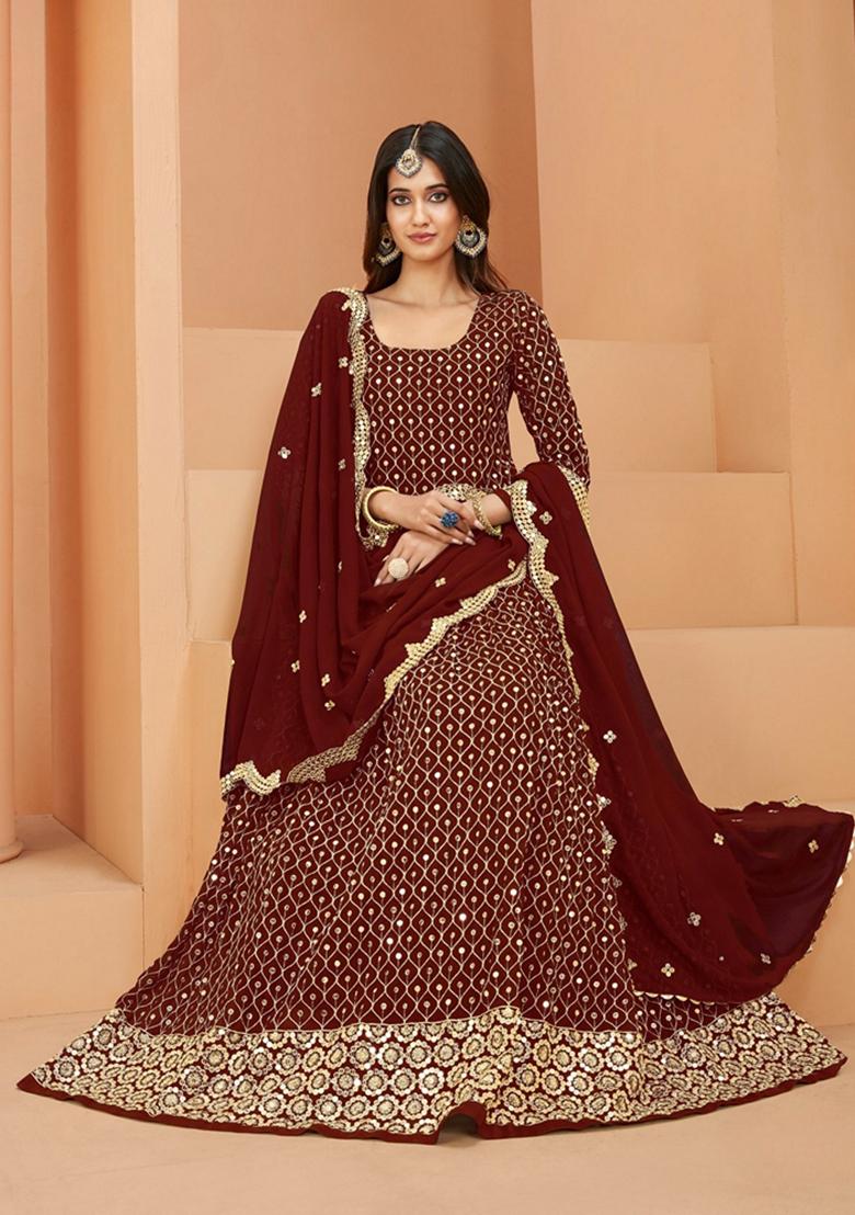 Maroon Embroidered Faux Georgette Anarkali Kurta Set