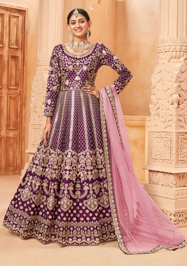 Purple Embroidered Pure Art Silk Anarkali Kurta Set - Indya