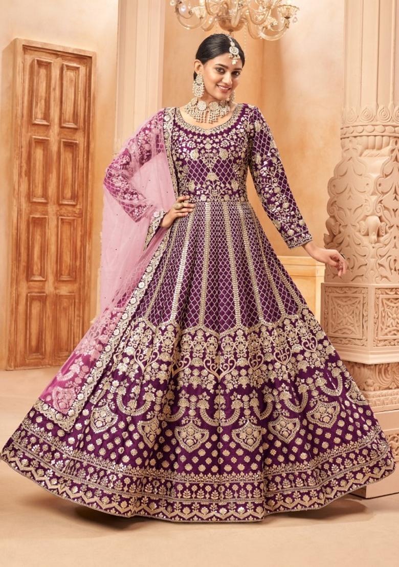 Purple Embroidered Pure Art Silk Anarkali Kurta Set