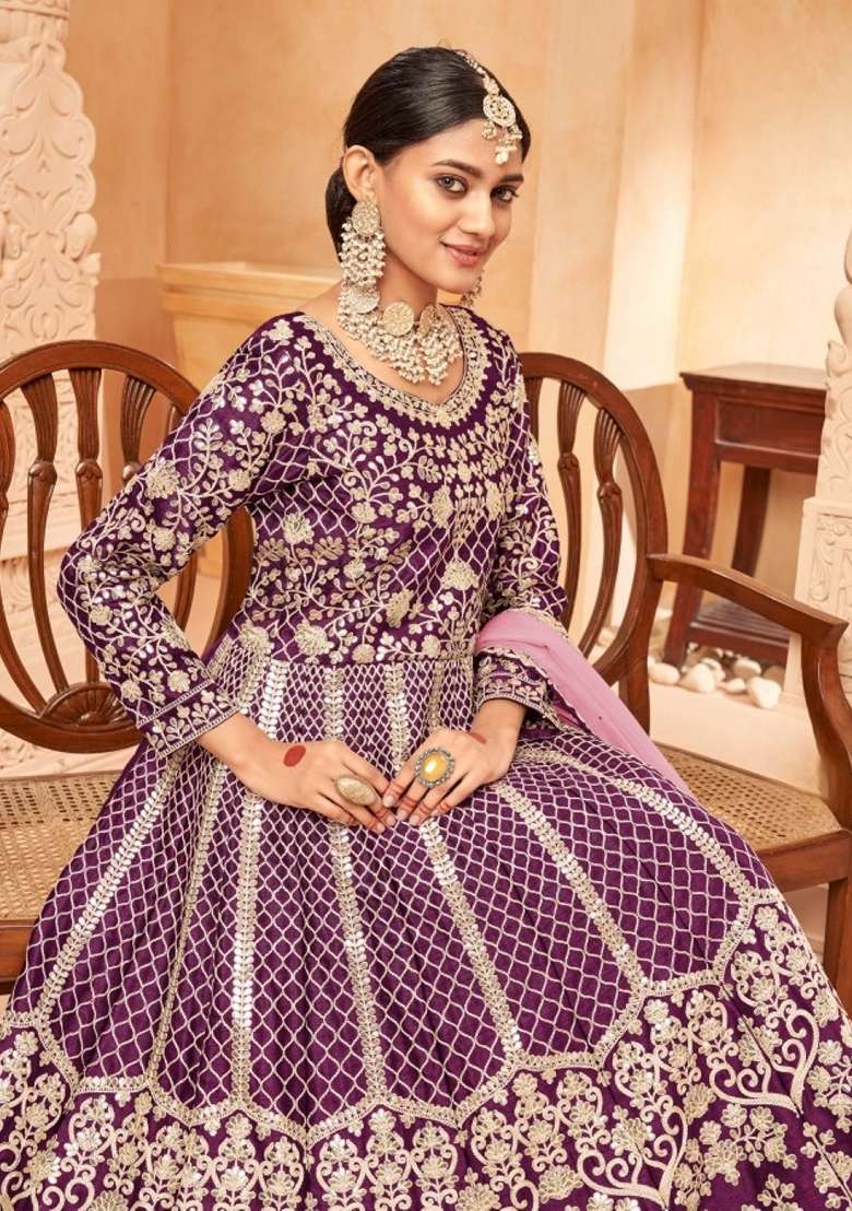 Purple Embroidered Pure Art Silk Anarkali Kurta Set - Indya