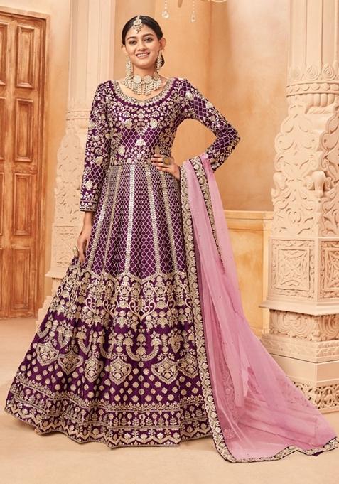 Purple Embroidered Pure Art Silk Anarkali Kurta Set