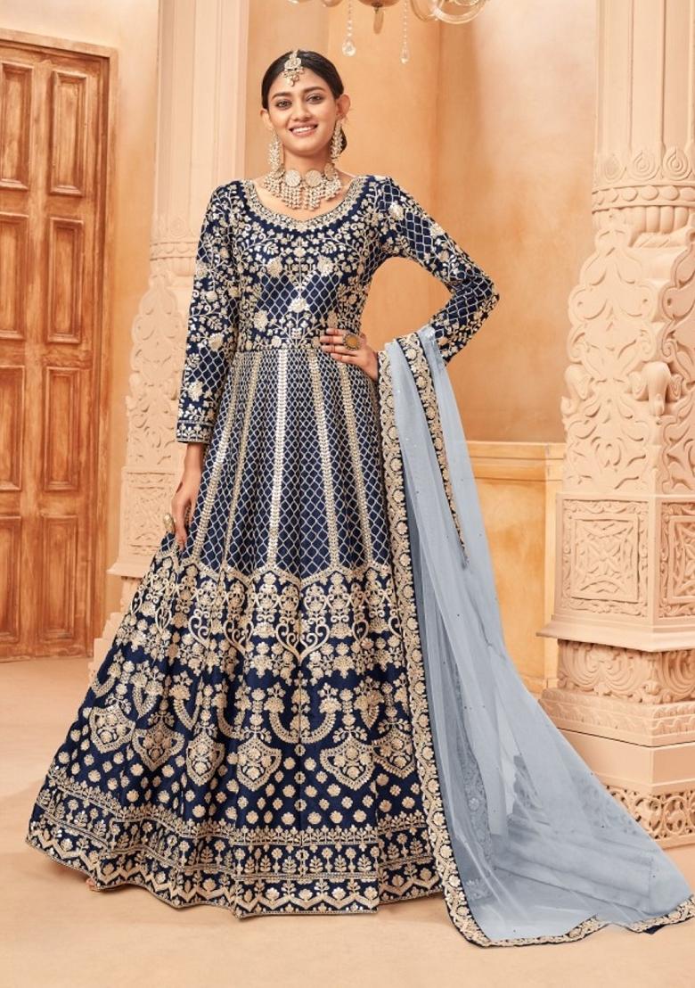 Navy Blue Embroidered Pure Art Silk Anarkali Kurta Set