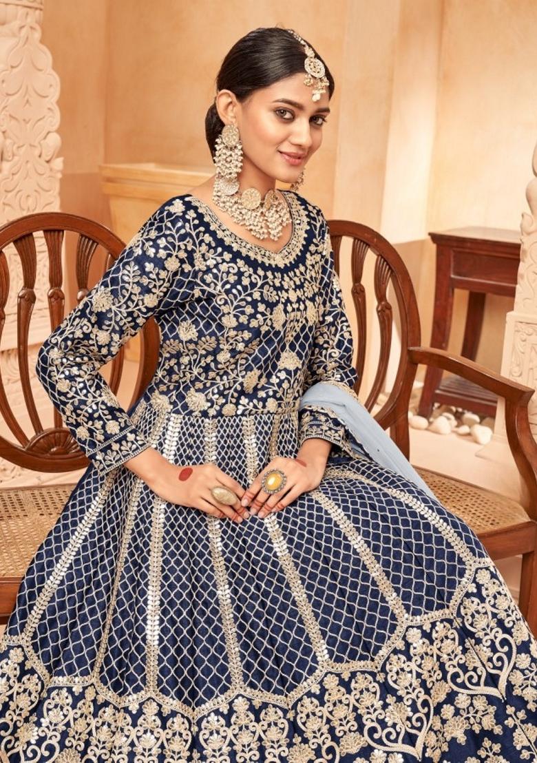 Navy Blue Embroidered Pure Art Silk Anarkali Kurta Set