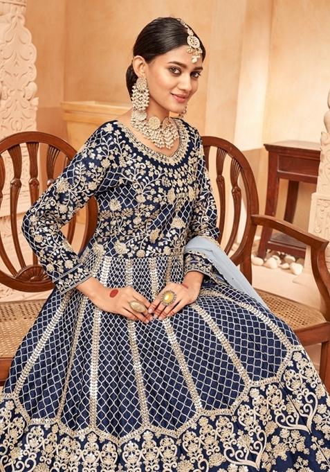 Navy Blue Embroidered Pure Art Silk Anarkali Kurta Set