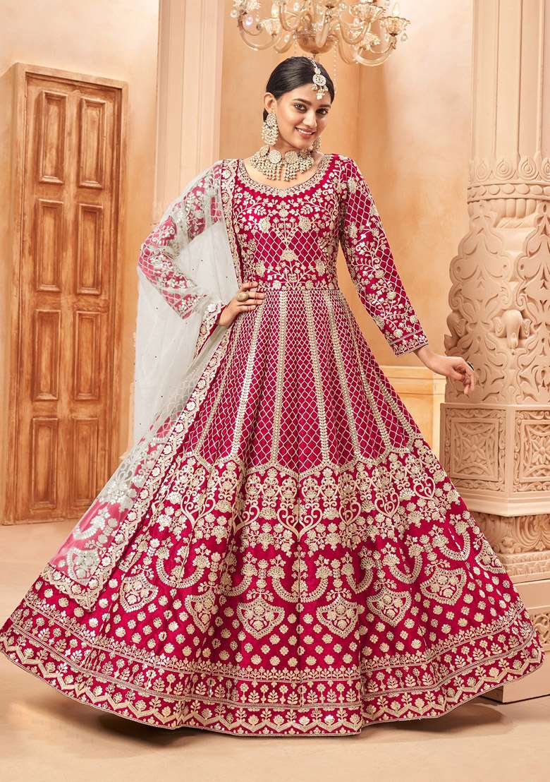 Red Embroidered Silk Blend Anarkali Set - Indya