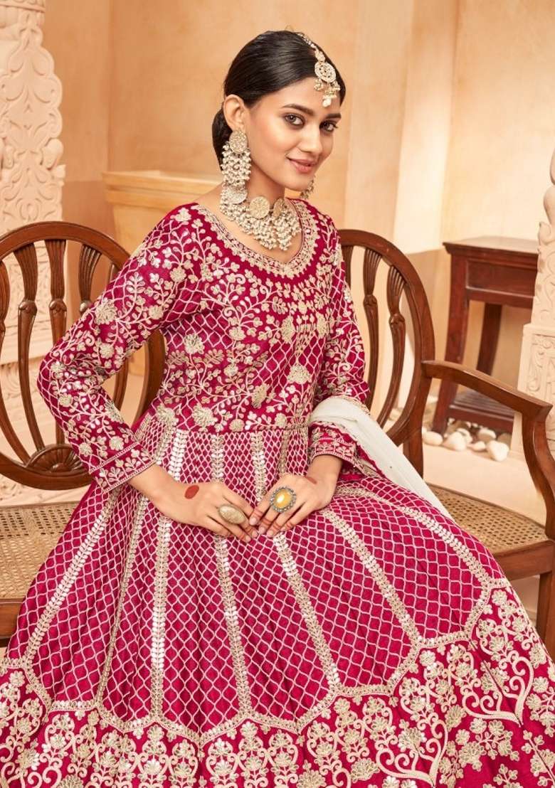 Red Embroidered Silk Blend Anarkali Set - Indya