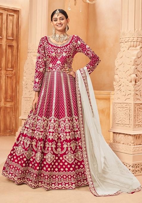 Red Embroidered Pure Art Silk Anarkali Kurta Set