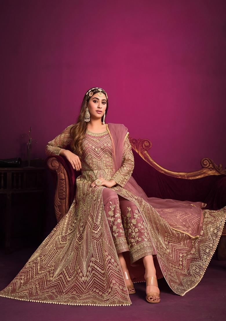 Pink Embroidered Net Anarkali Kurta Set