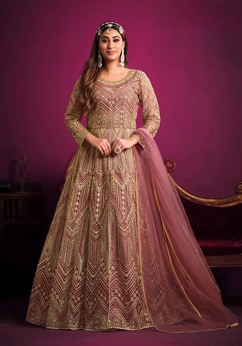 Pink Embroidered Net Anarkali Kurta Set