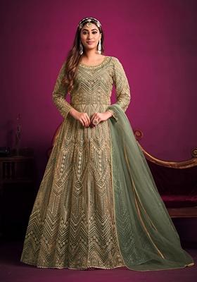Green Embroidered Net Anarkali Kurta Set