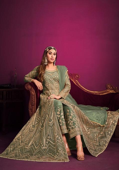 Green Embroidered Net Anarkali Kurta Set