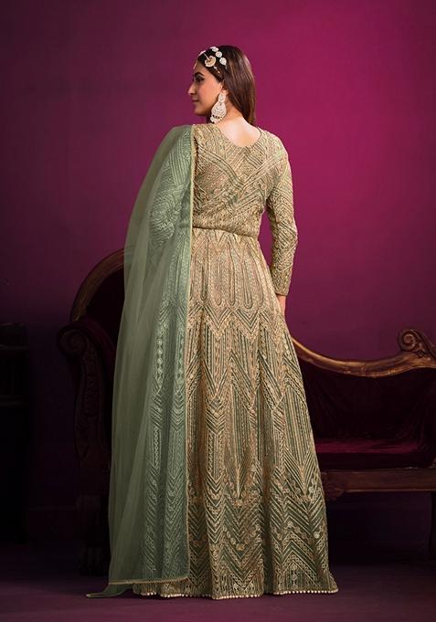 Green Embroidered Net Anarkali Kurta Set