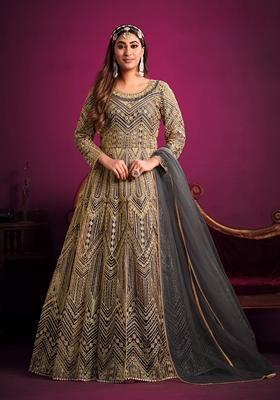 Grey Embroidered Net Anarkali Kurta Set