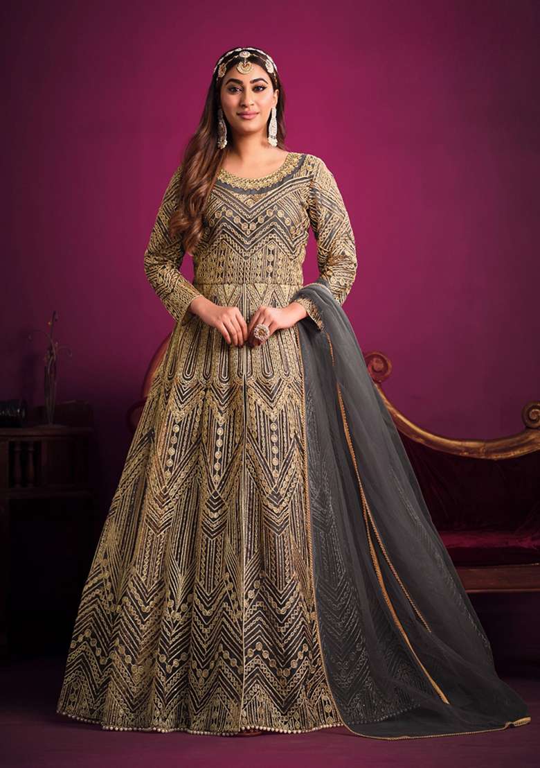 Grey Embroidered Net Anarkali Set - Indya