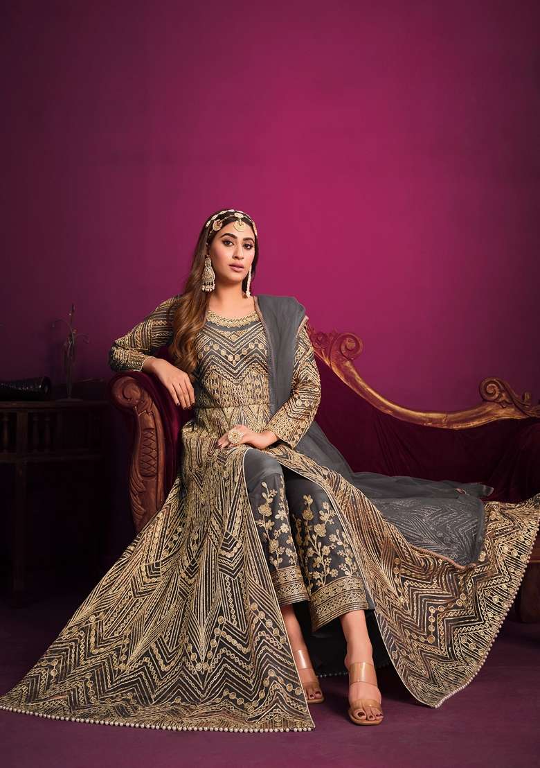 Grey Embroidered Net Anarkali Set - Indya