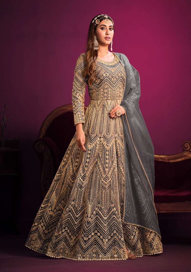 Grey Embroidered Net Anarkali Set - Indya