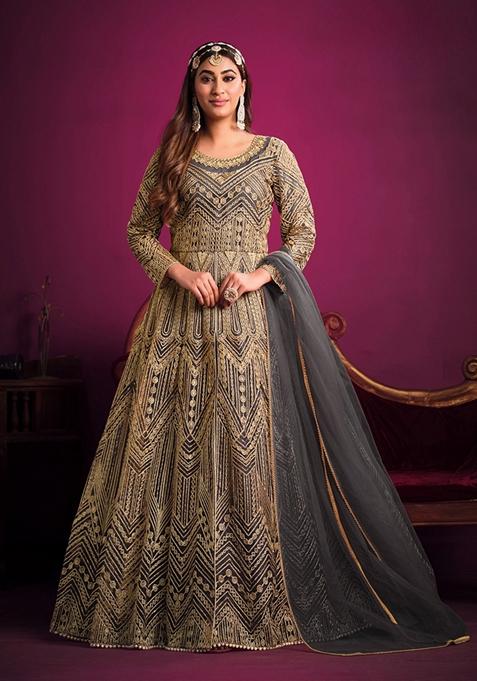 Grey Embroidered Net Anarkali Kurta Set
