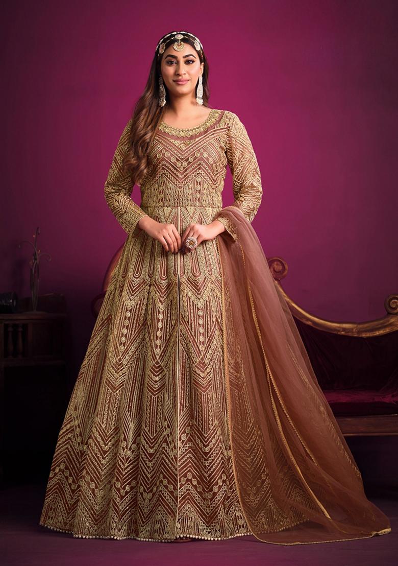 Orange Embroidered Net Anarkali Kurta Set