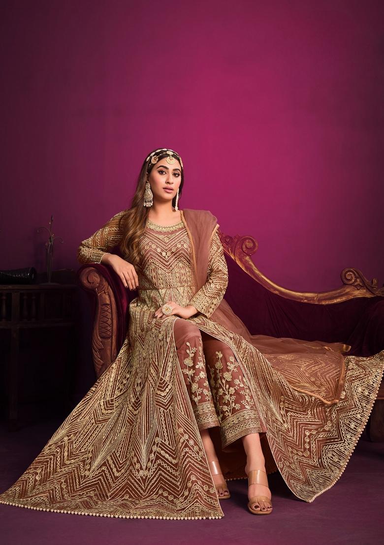 Orange Embroidered Net Anarkali Kurta Set