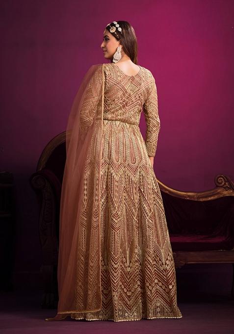 Orange Embroidered Net Anarkali Kurta Set