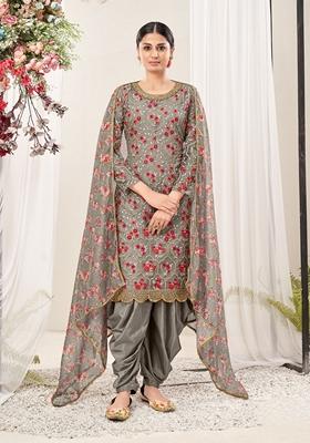Grey Embroidered Net Kurta Set