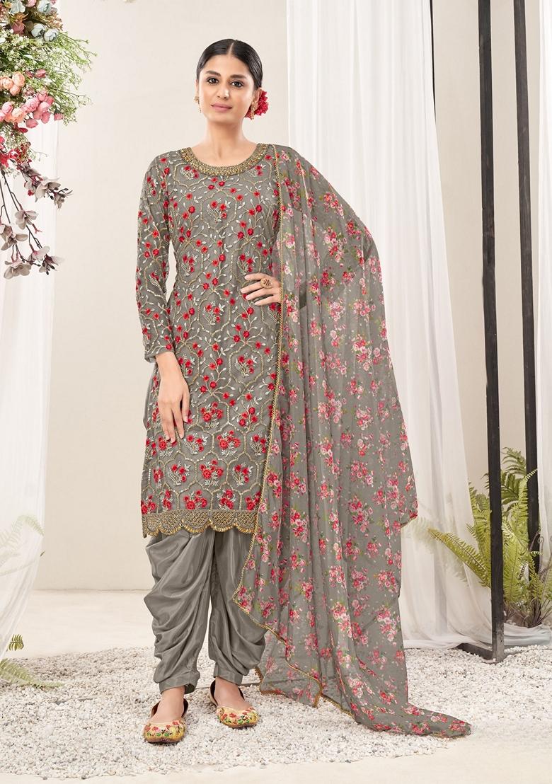 Grey Embroidered Net Kurta Set