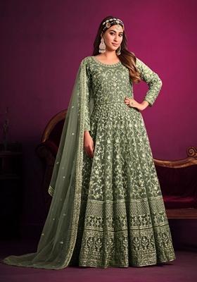 Green Embroidered Net Anarkali Kurta Set