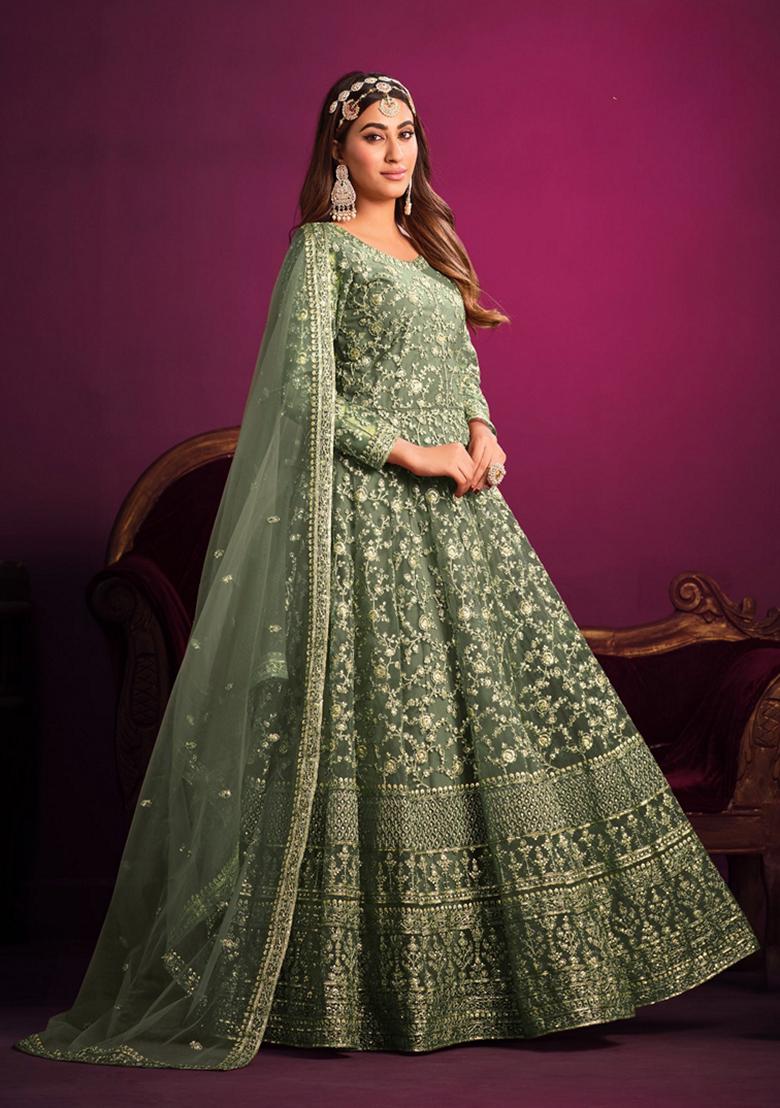 Green Embroidered Net Anarkali Kurta Set