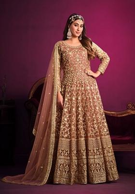 Brown Embroidered Net Anarkali Kurta Set